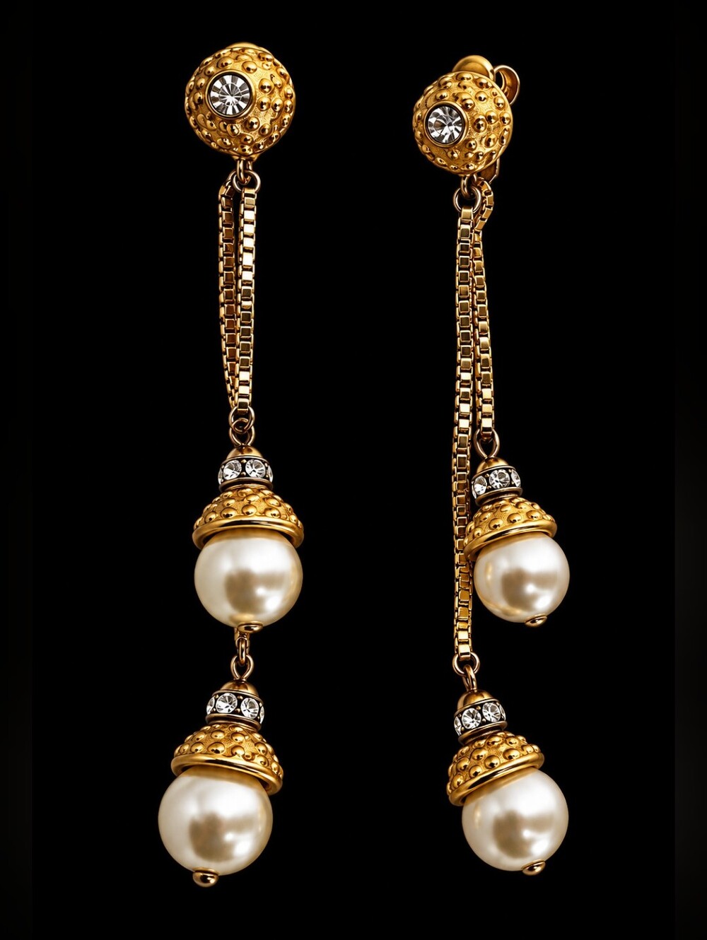 Vintage LES BERNARD Faux Pearl Rhinestone Shoulder Duster Drop Earrings